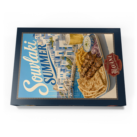 Darstellung des Puzzle Motivs Souvlaki-Sommerfest am Wasser auf einer griechischen Insel Greek Island Waterfront Souvlaki Summer Feast 1000 Puzzle Schachtel Ansicht3