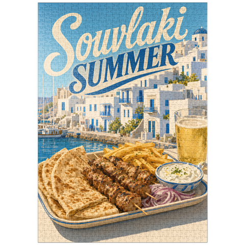Darstellung des Puzzle Motivs Souvlaki-Sommerfest am Wasser auf einer griechischen Insel puzzleplate Greek Island Waterfront Souvlaki Summer Feast 1000 Puzzle