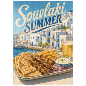 Darstellung des Puzzle Motivs Souvlaki-Sommerfest am Wasser auf einer griechischen Insel - Puzzleteile: 1000