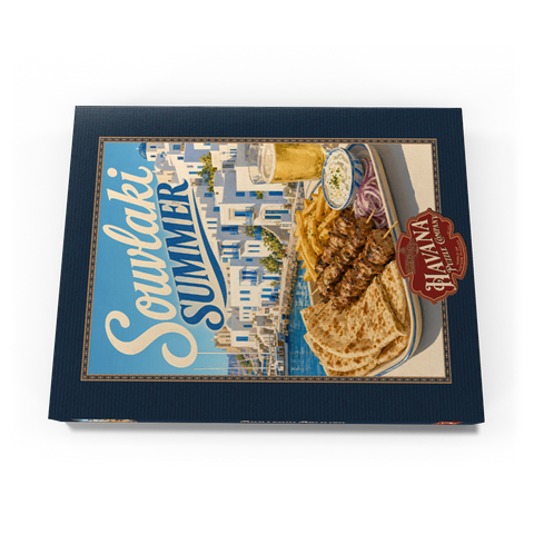 Darstellung des Puzzle Motivs Souvlaki-Sommerfest am Wasser auf einer griechischen Insel Greek Island Waterfront Souvlaki Summer Feast 100 Puzzle Schachtel Ansicht3