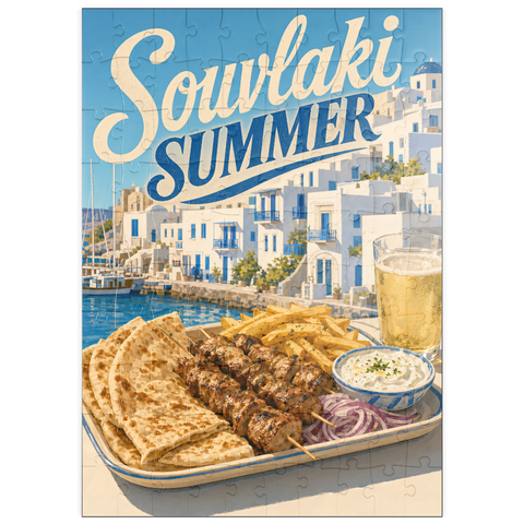 Darstellung des Puzzle Motivs Souvlaki-Sommerfest am Wasser auf einer griechischen Insel puzzleplate Greek Island Waterfront Souvlaki Summer Feast 100 Puzzle
