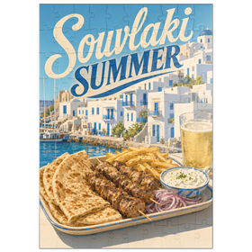 Darstellung des Puzzle Motivs Souvlaki-Sommerfest am Wasser auf einer griechischen Insel - Puzzleteile: 100
