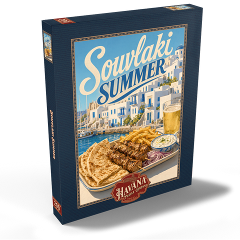 Darstellung des Puzzle Motivs Souvlaki-Sommerfest am Wasser auf einer griechischen Insel Greek Island Waterfront Souvlaki Summer Feast 200 Puzzle Schachtel Ansicht2