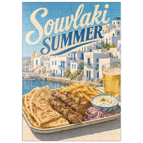 Darstellung des Puzzle Motivs Souvlaki-Sommerfest am Wasser auf einer griechischen Insel puzzleplate Greek Island Waterfront Souvlaki Summer Feast 200 Puzzle