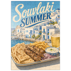 Darstellung des Puzzle Motivs Souvlaki-Sommerfest am Wasser auf einer griechischen Insel - Puzzleteile: 200