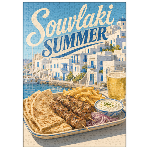 Darstellung des Puzzle Motivs Souvlaki-Sommerfest am Wasser auf einer griechischen Insel puzzleplate Greek Island Waterfront Souvlaki Summer Feast 500 Puzzle