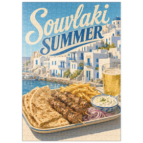 Darstellung des Puzzle Motivs Souvlaki-Sommerfest am Wasser auf einer griechischen Insel - Puzzleteile: 500