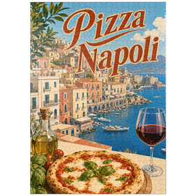 Darstellung des Puzzle Motivs Neapel, Italien: Pizza mit Blick auf das Wasser - Puzzleteile: 1000