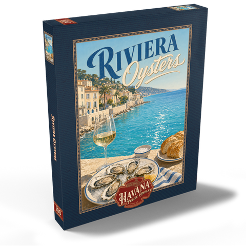 Darstellung des Puzzle Motivs Austern von der Côte d’Azur und Weißwein French Riviera Coastal Oysters and White Wine 100 Puzzle Schachtel Ansicht2