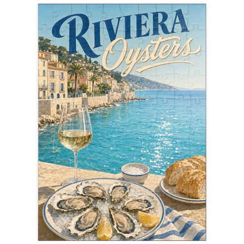 Darstellung des Puzzle Motivs Austern von der Côte d’Azur und Weißwein puzzleplate French Riviera Coastal Oysters and White Wine 100 Puzzle