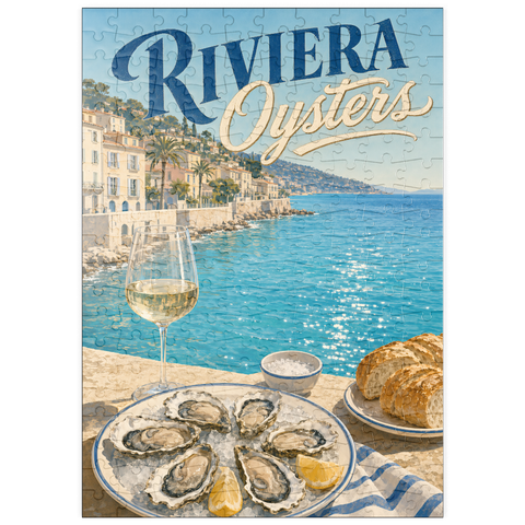 Darstellung des Puzzle Motivs Austern von der Côte d’Azur und Weißwein puzzleplate French Riviera Coastal Oysters and White Wine 200 Puzzle