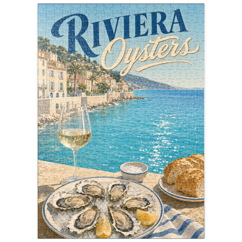Darstellung des Puzzle Motivs Austern von der Côte d’Azur und Weißwein puzzleplate French Riviera Coastal Oysters and White Wine 500 Puzzle