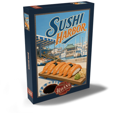 Darstellung des Puzzle Motivs Sushi Harbor Waterfront Market Salmon Nigiri 1000 Puzzle Schachtel Ansicht2