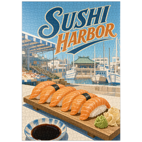 Darstellung des Puzzle Motivs Sushi Harbor Waterfront Market – Lachs-Nigiri - Puzzleteile: 1000