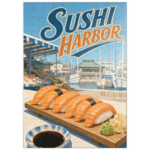 Darstellung des Puzzle Motivs Sushi Harbor Waterfront Market – Lachs-Nigiri puzzleplate Sushi Harbor Waterfront Market Salmon Nigiri 100 Puzzle