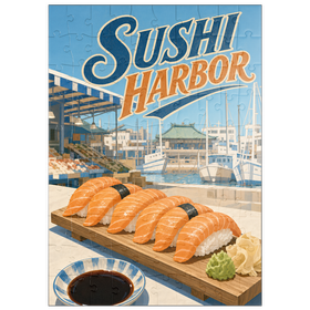 Darstellung des Puzzle Motivs Sushi Harbor Waterfront Market – Lachs-Nigiri - Puzzleteile: 100