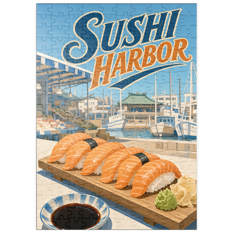 Darstellung des Puzzle Motivs Sushi Harbor Waterfront Market – Lachs-Nigiri puzzleplate Sushi Harbor Waterfront Market Salmon Nigiri 200 Puzzle