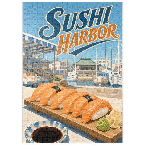 Darstellung des Puzzle Motivs Sushi Harbor Waterfront Market – Lachs-Nigiri puzzleplate Sushi Harbor Waterfront Market Salmon Nigiri 500 Puzzle