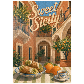 Darstellung des Puzzle Motivs Sizilien – Italienischer Innenhof – Zitrusfrüchte-Stillleben - Puzzleteile: 1000