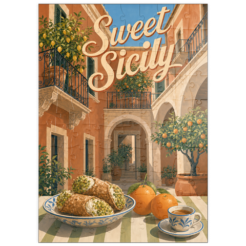 Darstellung des Puzzle Motivs Sizilien – Italienischer Innenhof – Zitrusfrüchte-Stillleben puzzleplate Sicily Italian Courtyard Citrus Still Life 100 Puzzle