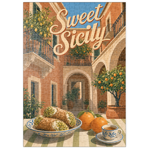 Darstellung des Puzzle Motivs Sizilien – Italienischer Innenhof – Zitrusfrüchte-Stillleben puzzleplate Sicily Italian Courtyard Citrus Still Life 500 Puzzle