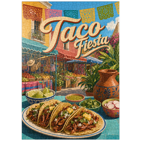 Darstellung des Puzzle Motivs Taco Fiesta – Straßenbild auf dem mexikanischen Markt puzzleplate Taco Fiesta Mexican Market Street Scene 1000 Puzzle