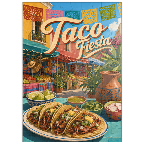 Darstellung des Puzzle Motivs Taco Fiesta – Straßenbild auf dem mexikanischen Markt puzzleplate Taco Fiesta Mexican Market Street Scene 100 Puzzle