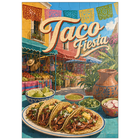 Darstellung des Puzzle Motivs Taco Fiesta – Straßenbild auf dem mexikanischen Markt - Puzzleteile: 100