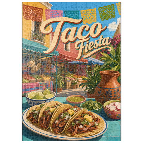 Darstellung des Puzzle Motivs Taco Fiesta – Straßenbild auf dem mexikanischen Markt puzzleplate Taco Fiesta Mexican Market Street Scene 500 Puzzle