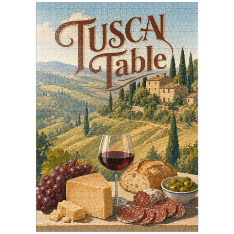 Darstellung des Puzzle Motivs Stillleben mit Wein und Käse aus der toskanischen Landschaft puzzleplate Tuscan Countryside Wine and Cheese Still Life 1000 Puzzle