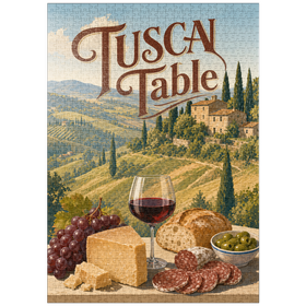Darstellung des Puzzle Motivs Stillleben mit Wein und Käse aus der toskanischen Landschaft - Puzzleteile: 1000