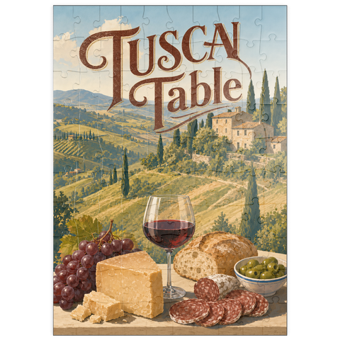 Darstellung des Puzzle Motivs Stillleben mit Wein und Käse aus der toskanischen Landschaft puzzleplate Tuscan Countryside Wine and Cheese Still Life 100 Puzzle