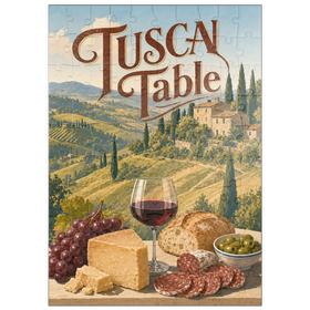 Darstellung des Puzzle Motivs Stillleben mit Wein und Käse aus der toskanischen Landschaft - Puzzleteile: 100