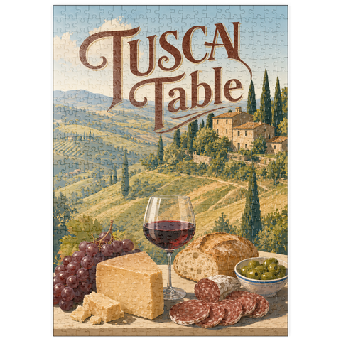 Darstellung des Puzzle Motivs Stillleben mit Wein und Käse aus der toskanischen Landschaft puzzleplate Tuscan Countryside Wine and Cheese Still Life 500 Puzzle