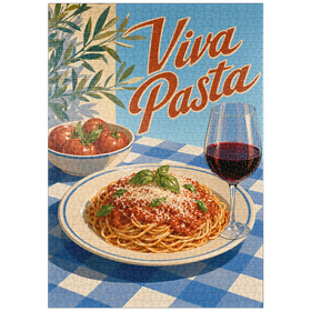 Darstellung des Puzzle Motivs Viva Pasta – Schild mit italienischen Spaghetti und Wein - Puzzleteile: 1000