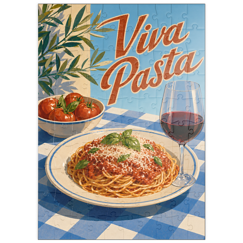 Darstellung des Puzzle Motivs Viva Pasta – Schild mit italienischen Spaghetti und Wein puzzleplate Viva Pasta Italian Spaghetti and Wine Sign 100 Puzzle