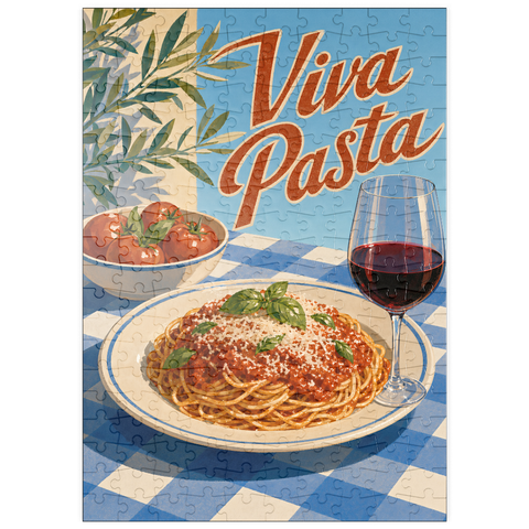 Darstellung des Puzzle Motivs Viva Pasta – Schild mit italienischen Spaghetti und Wein puzzleplate Viva Pasta Italian Spaghetti and Wine Sign 200 Puzzle