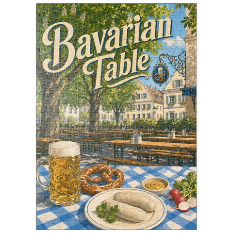Darstellung des Puzzle Motivs Bayerische Biergarten-Tischdekoration puzzleplate Bavarian Beer Garden Table Spread 500 Puzzle
