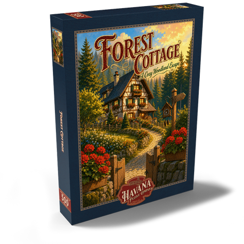 Darstellung des Puzzle Motivs Forest Cottage – Gemütlicher Rückzugsort im Wald Forest Cottage Cozy Woodland Escape 500 Puzzle Schachtel Ansicht2