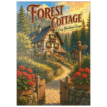 Darstellung des Puzzle Motivs puzzleplate Forest Cottage Cozy Woodland Escape 500 Puzzle