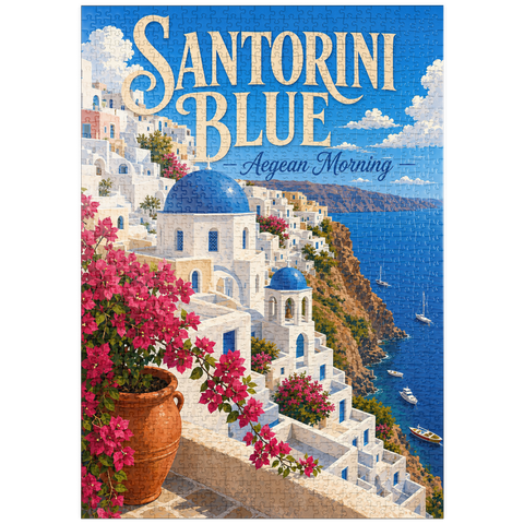Darstellung des Puzzle Motivs Santorini – Blauer Ägäis Morgen puzzleplate Santorini Blue Aegean Morning 1000 Puzzle