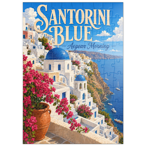 Darstellung des Puzzle Motivs Santorini – Blauer Ägäis Morgen puzzleplate Santorini Blue Aegean Morning 100 Puzzle