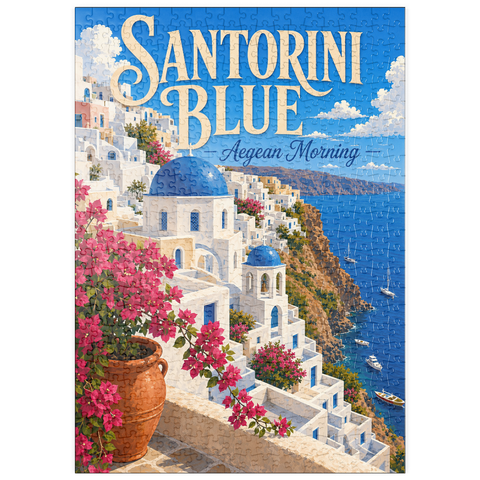 Darstellung des Puzzle Motivs Santorini – Blauer Ägäis Morgen puzzleplate Santorini Blue Aegean Morning 500 Puzzle