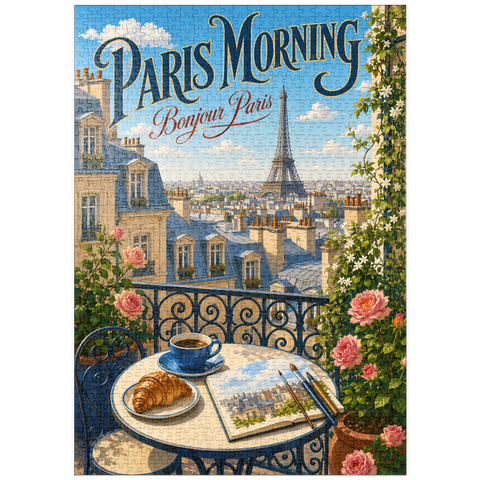 Darstellung des Puzzle Motivs Romantik am Morgen am Eiffelturm puzzleplate Eiffel Tower Morning Romance 1000 Puzzle