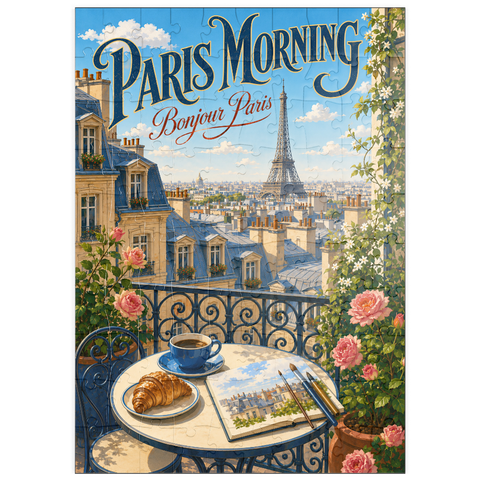 Darstellung des Puzzle Motivs Romantik am Morgen am Eiffelturm puzzleplate Eiffel Tower Morning Romance 100 Puzzle