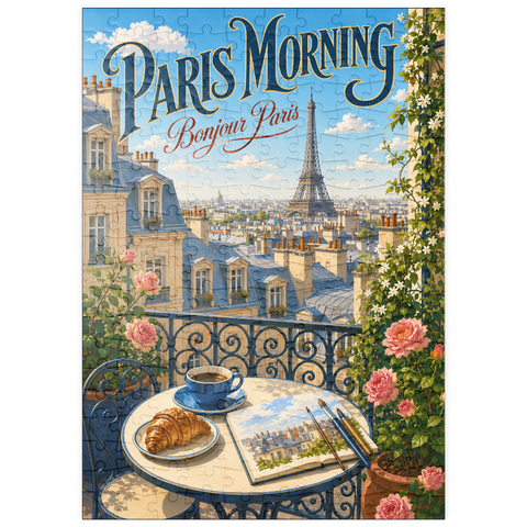 Darstellung des Puzzle Motivs Romantik am Morgen am Eiffelturm puzzleplate Eiffel Tower Morning Romance 200 Puzzle