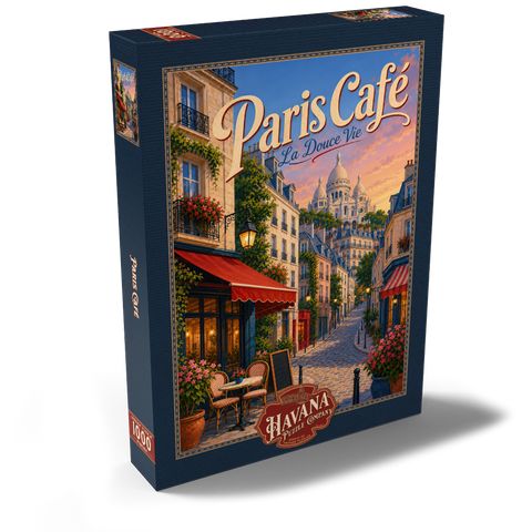Darstellung des Puzzle Motivs Romantischer Abend in einem Pariser Café Paris Cafe Romantic Evening Charm 1000 Puzzle Schachtel Ansicht2