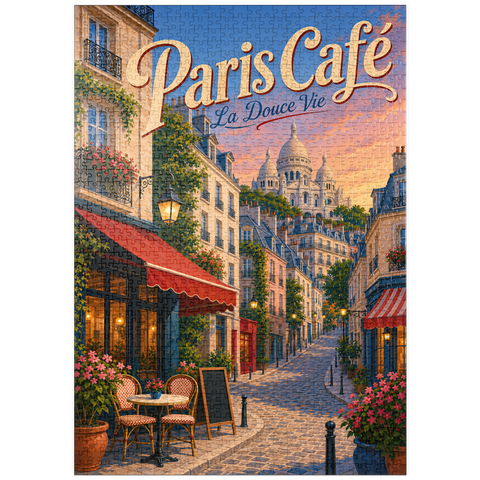 Darstellung des Puzzle Motivs Romantischer Abend in einem Pariser Café puzzleplate Paris Cafe Romantic Evening Charm 1000 Puzzle