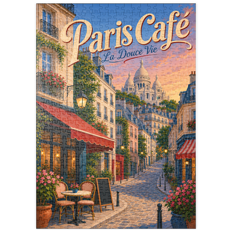 Darstellung des Puzzle Motivs Romantischer Abend in einem Pariser Café puzzleplate Paris Cafe Romantic Evening Charm 500 Puzzle