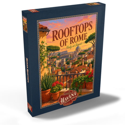Darstellung des Puzzle Motivs Romantischer Sonnenuntergang auf den Dächern Roms Rome Rooftops Sunset Romance 100 Puzzle Schachtel Ansicht2